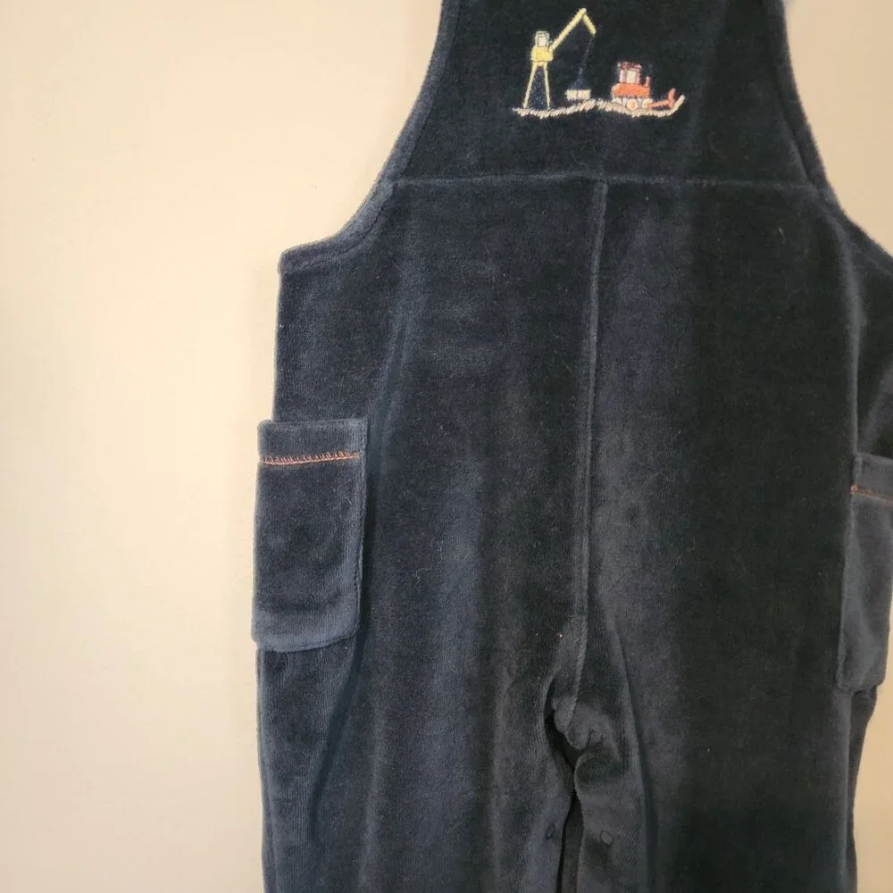 Kissy Kissy baby boy blue velour overalls 12-18 m Construction Vehicles